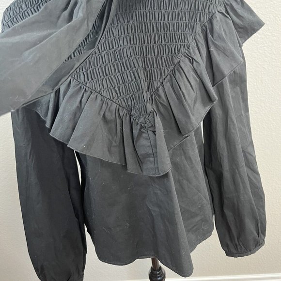 Zara Poplin Blouse Bow Tie Ruffl Black Size Zipper Peasant Top Size Small Womens - Picture 2 of 8